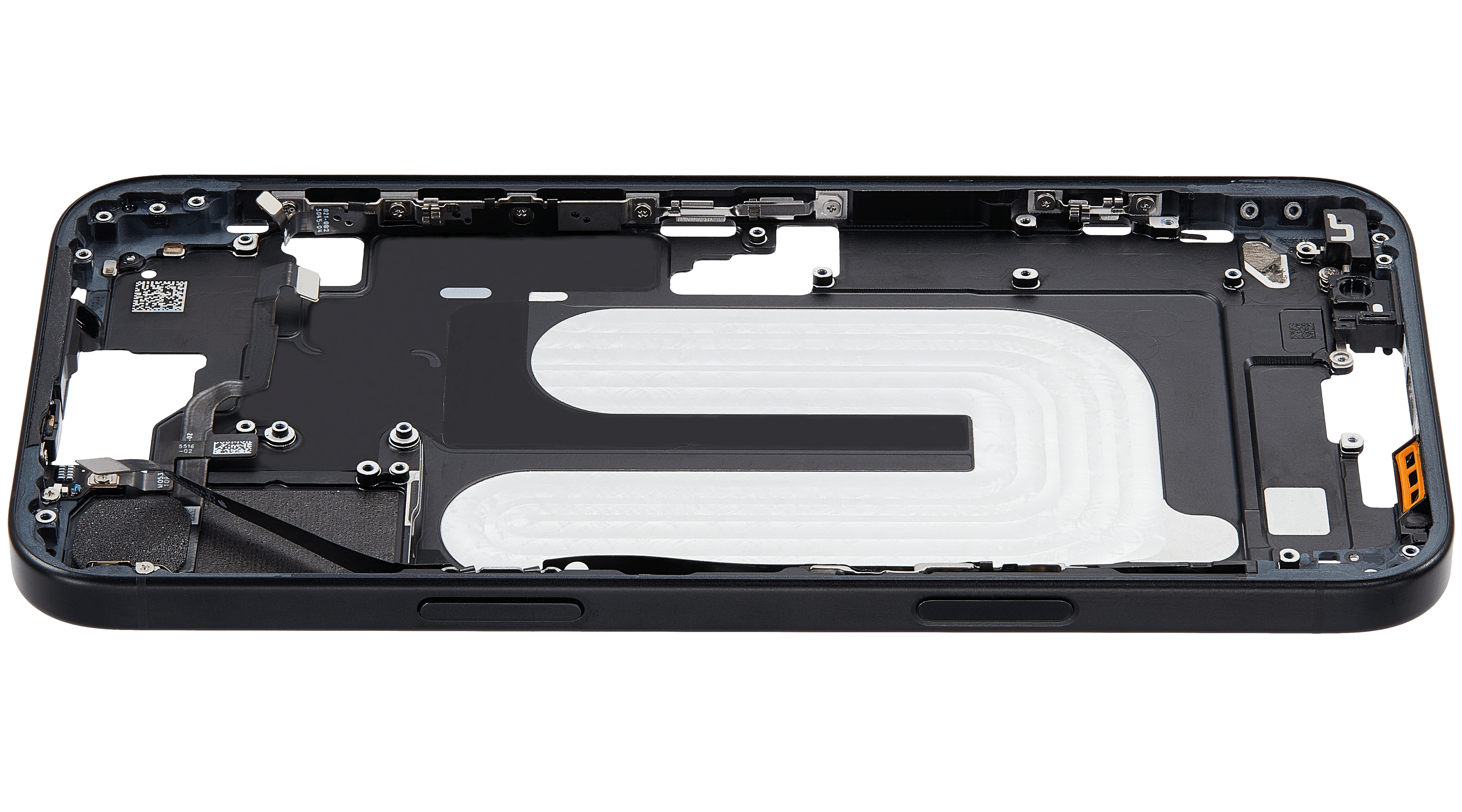 Mid-Frame Housing With Power And Volume Button Compatible For iPhone 16 Plus (US Version) (Used OEM Pull: Grade A) (Black)