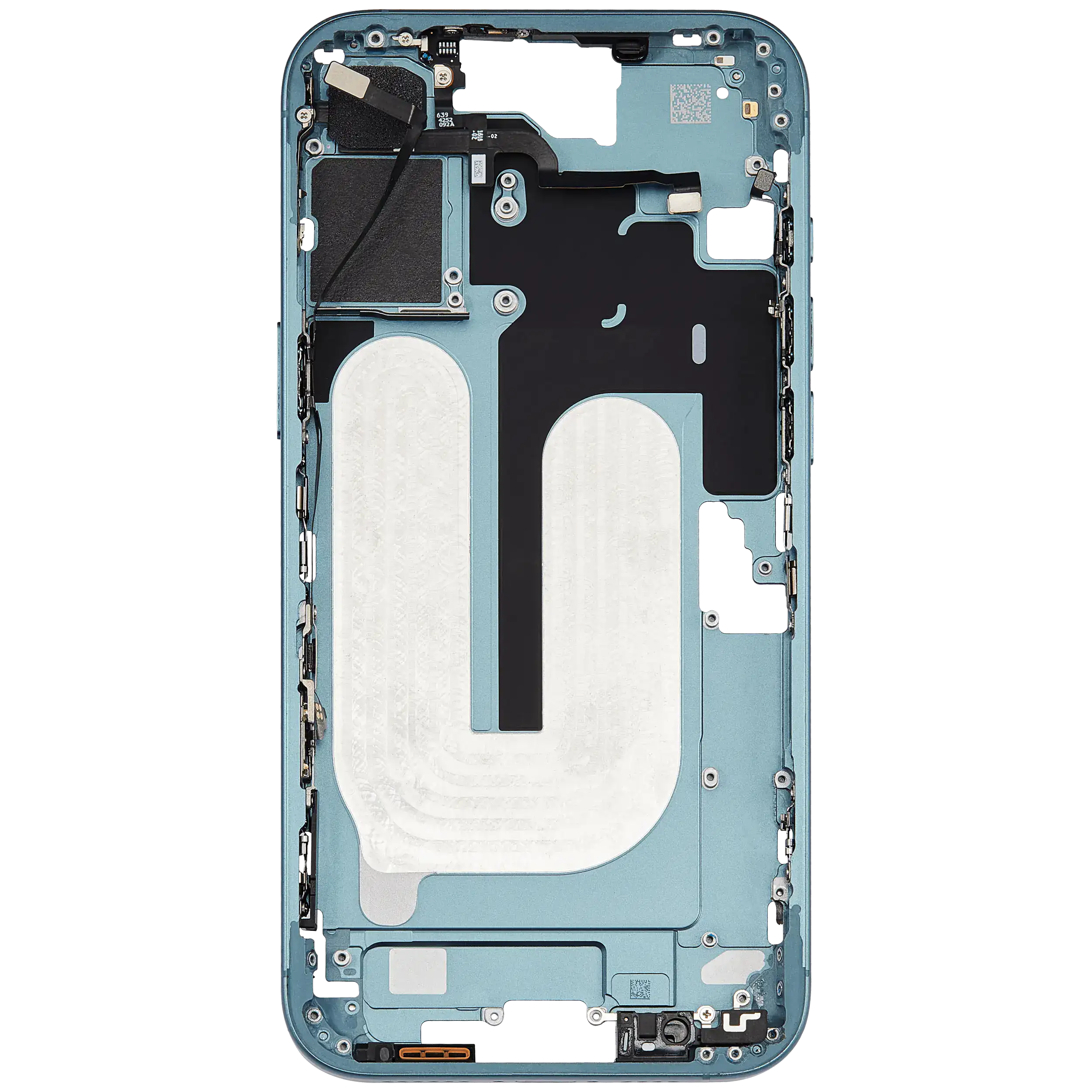 Mid-Frame Housing With Power And Volume Button Compatible For iPhone 16 Plus (US Version) (Used OEM Pull: Grade A) (Teal)