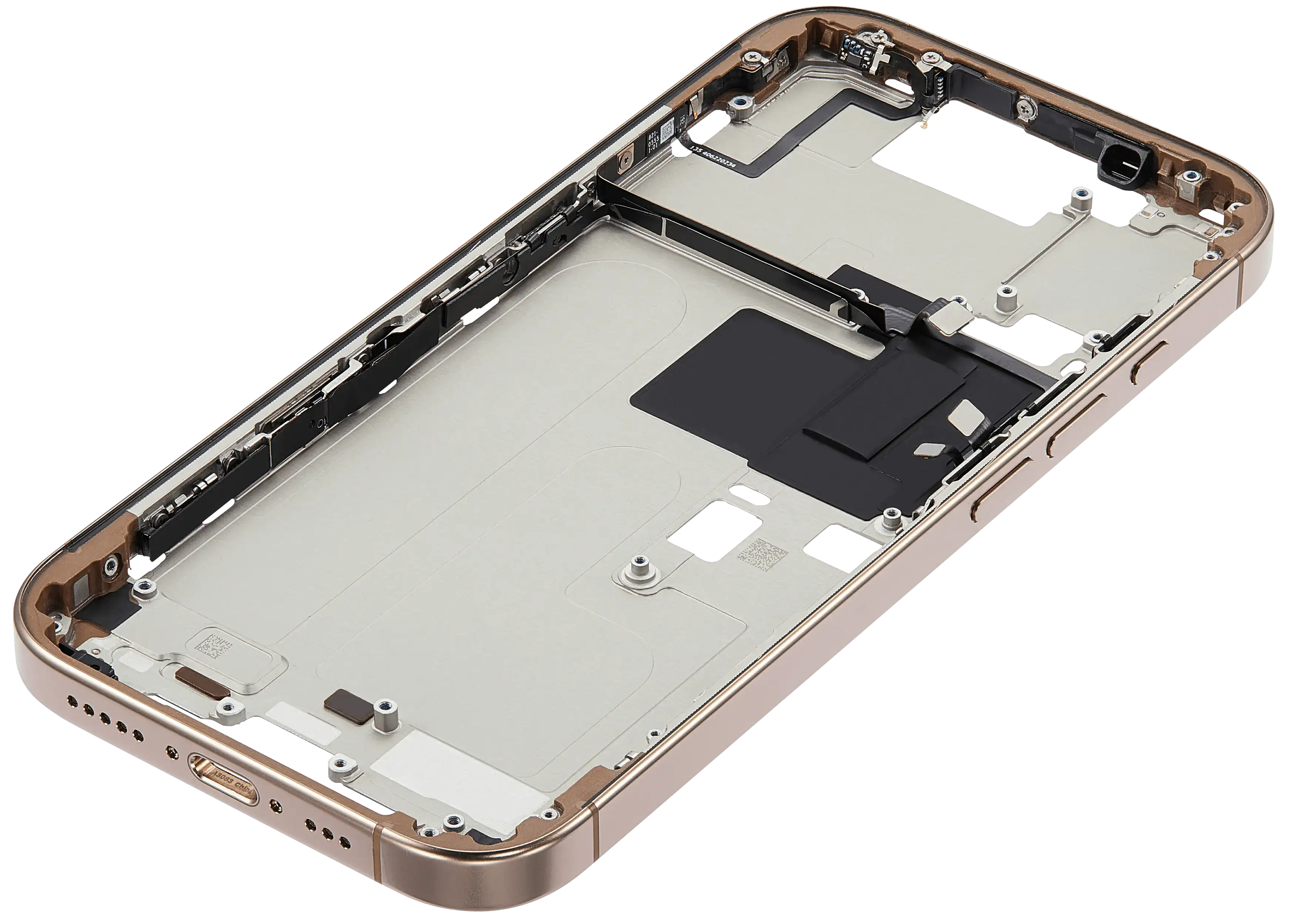 Mid-Frame Housing With Power And Volume Button Compatible For iPhone 16 Pro (US Version) (Used OEM Pull: Grade A) (Desert Titanium)