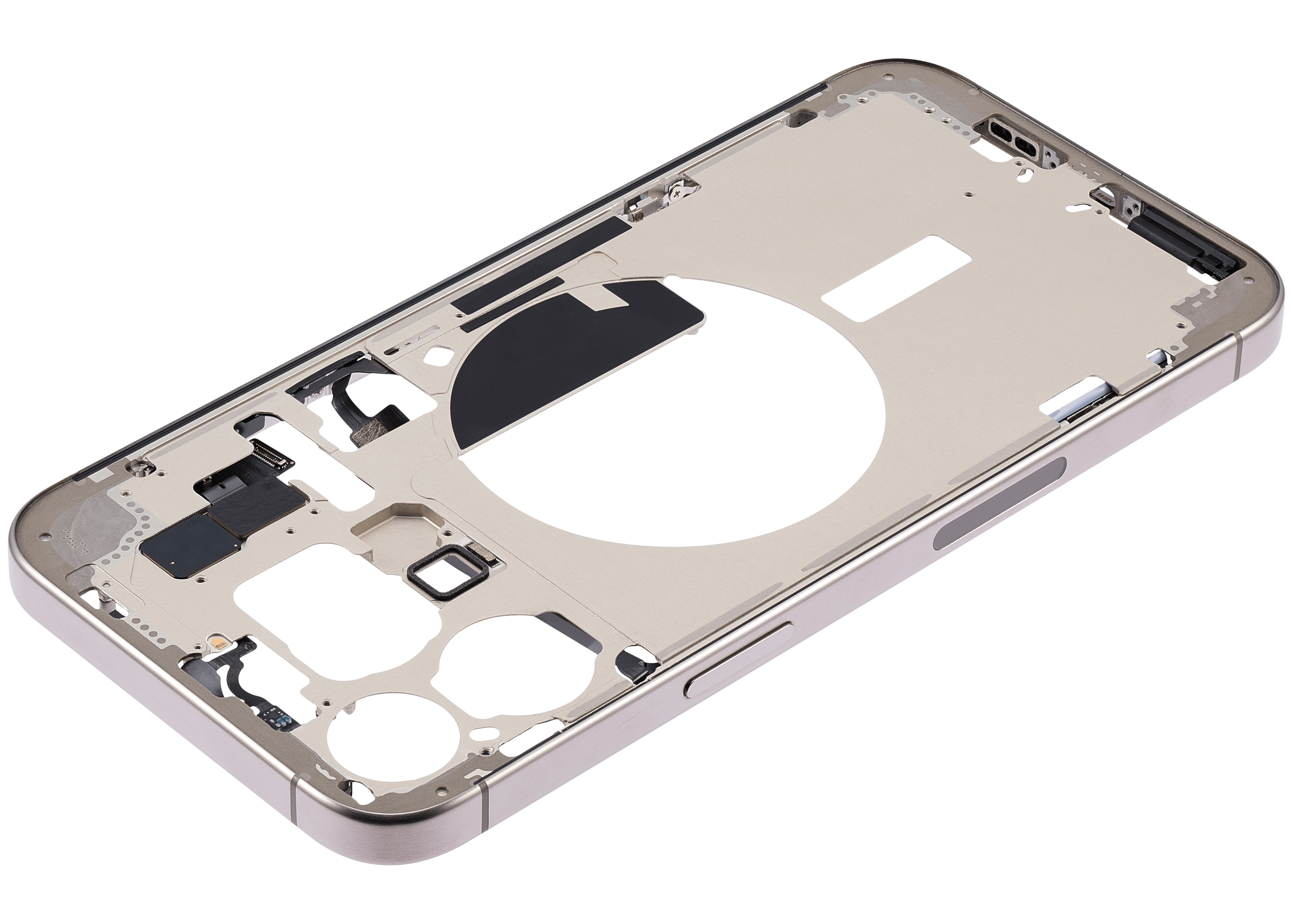 Mid-Frame Housing With Power And Volume Button Compatible For iPhone 15 Pro Max (US Version) (Used OEM Pull: Grade A) (Natural Titanium)