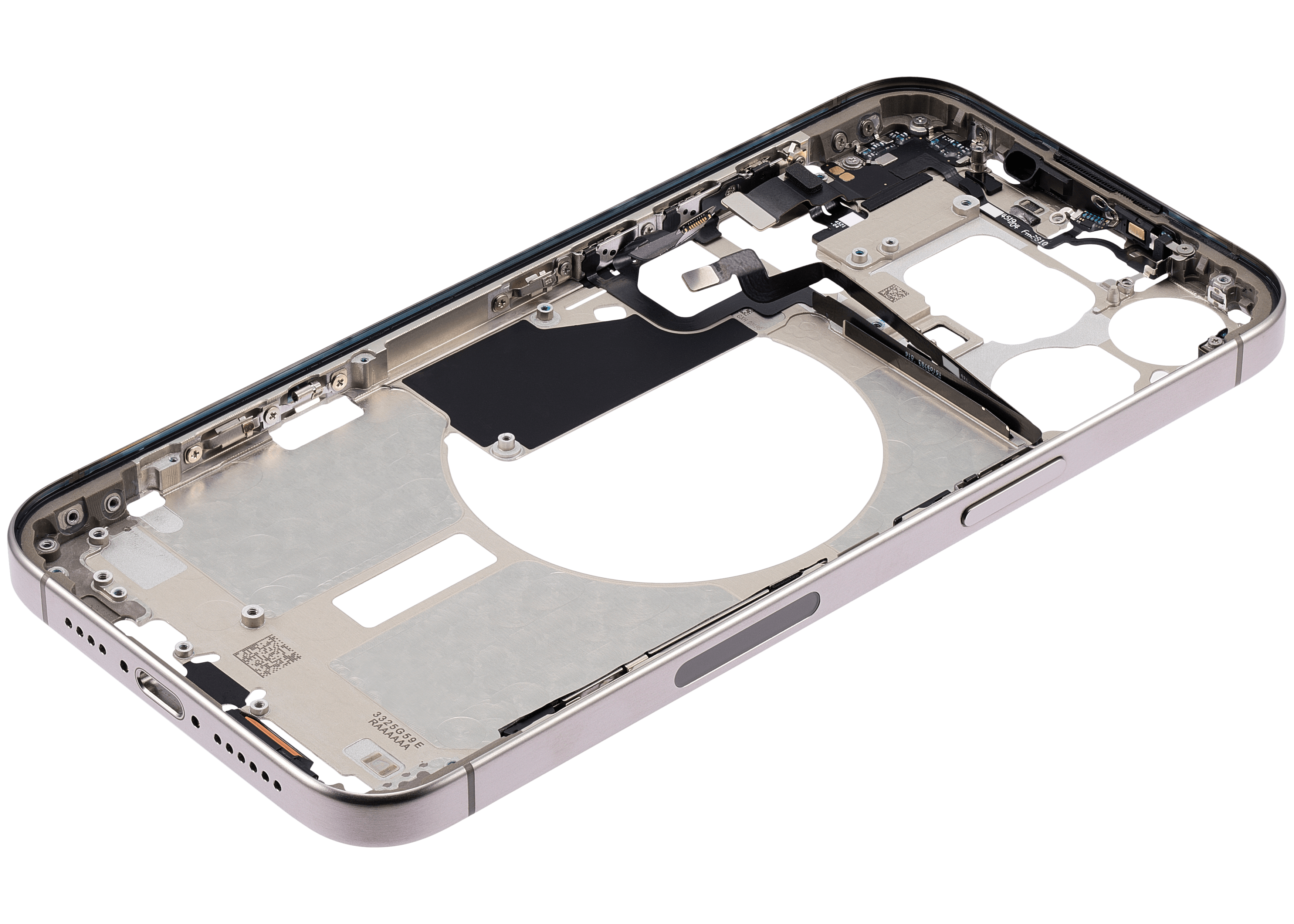 Mid-Frame Housing With Power And Volume Button Compatible For iPhone 15 Pro Max (US Version) (Used OEM Pull: Grade A) (Natural Titanium)