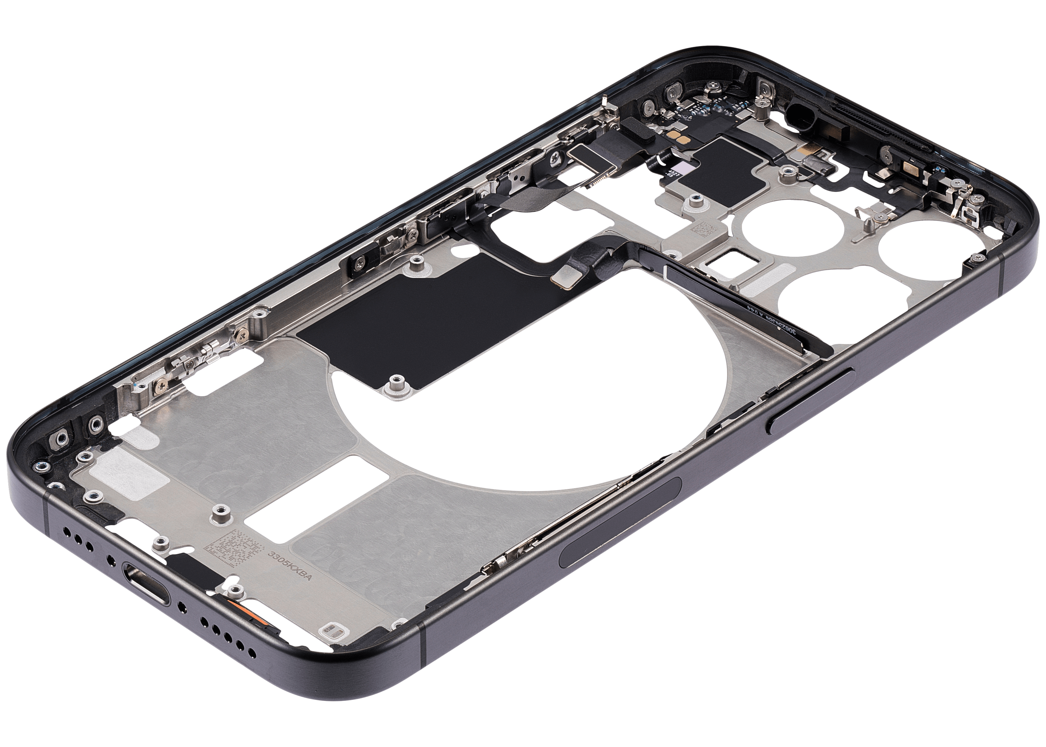 Mid-Frame Housing With Power And Volume Button Compatible For iPhone 15 Pro (US Version) (Used OEM Pull: Grade A) (Black Titanium)