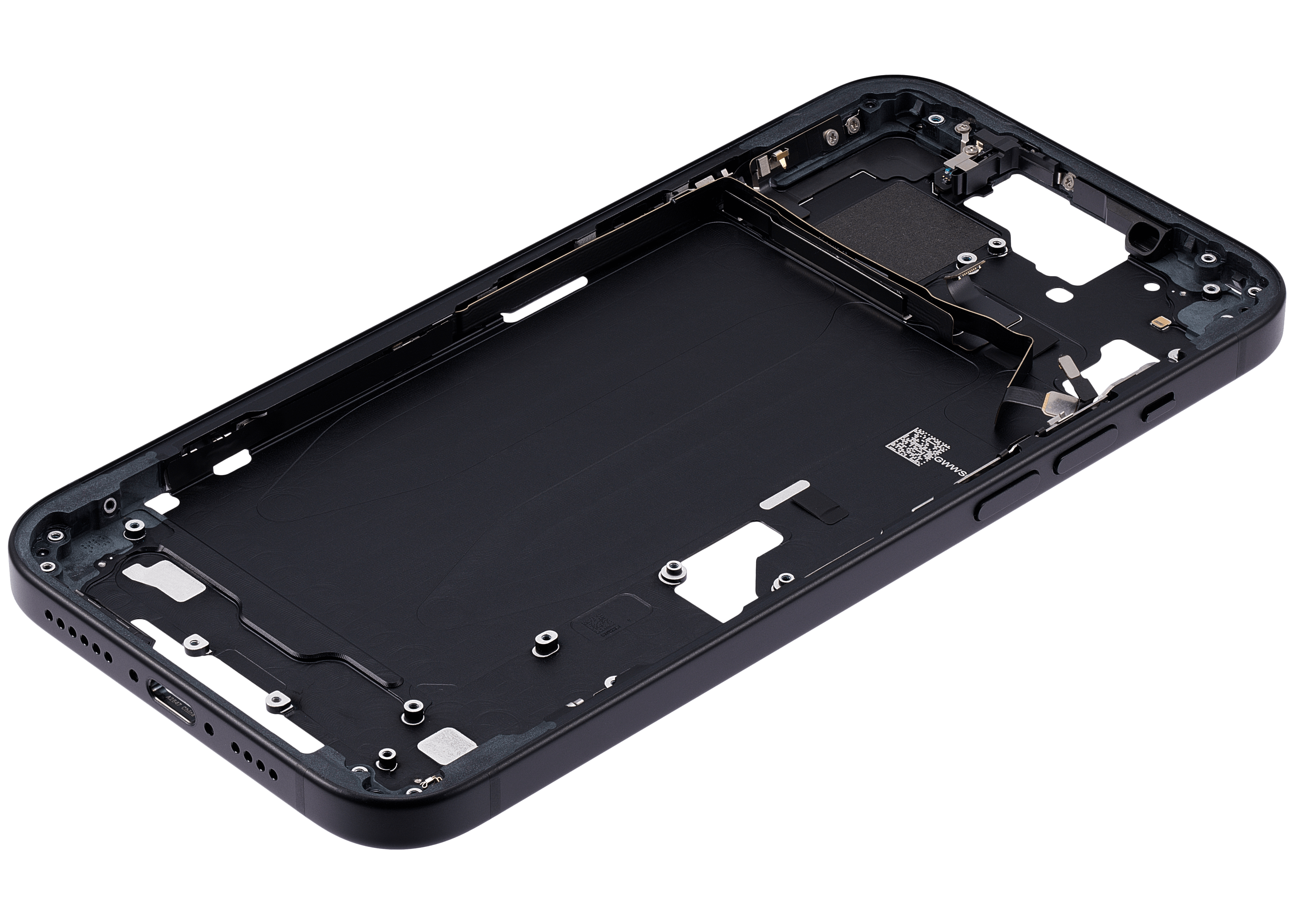 Mid-Frame Housing With Power And Volume Button Compatible For iPhone 15 Plus (US Version) (Used OEM Pull: Grade A) (Black)