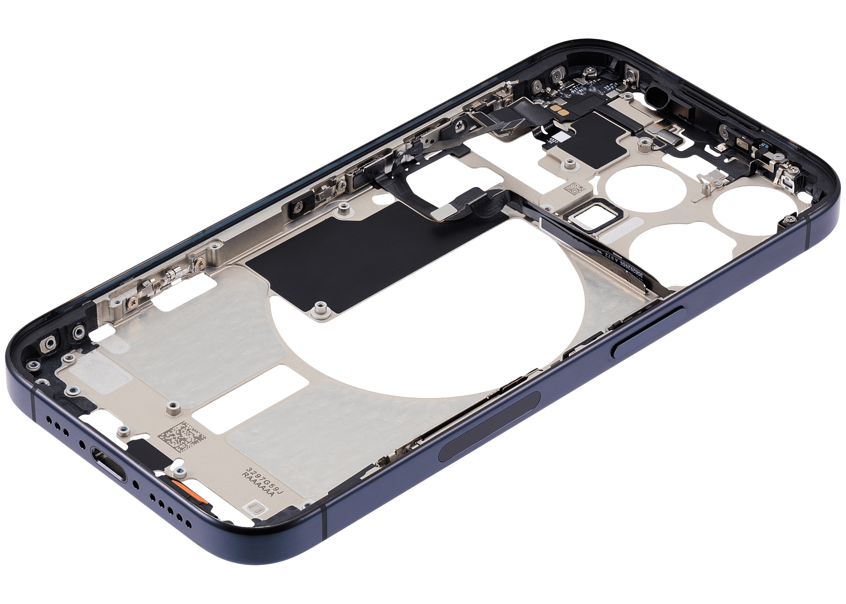 Mid-Frame Housing With Power And Volume Button Compatible For iPhone 15 Pro (US Version) (Used OEM Pull: Grade A) (Blue Titanium)