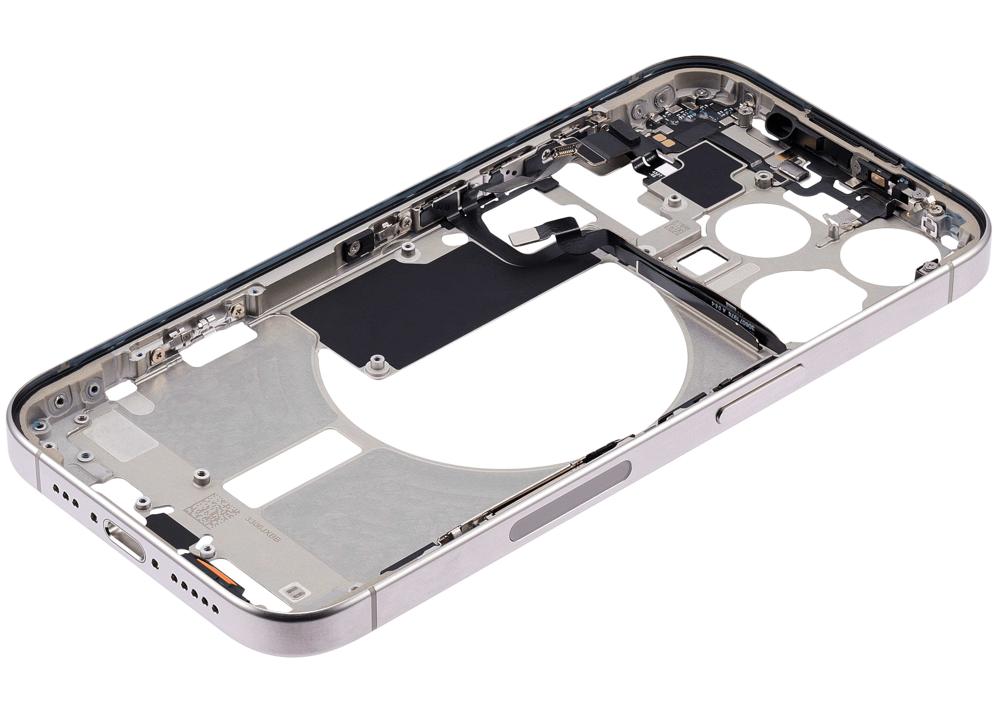 Mid-Frame Housing With Power And Volume Button Compatible For iPhone 15 Pro (US Version) (Used OEM Pull: Grade A) (Natural Titanium)