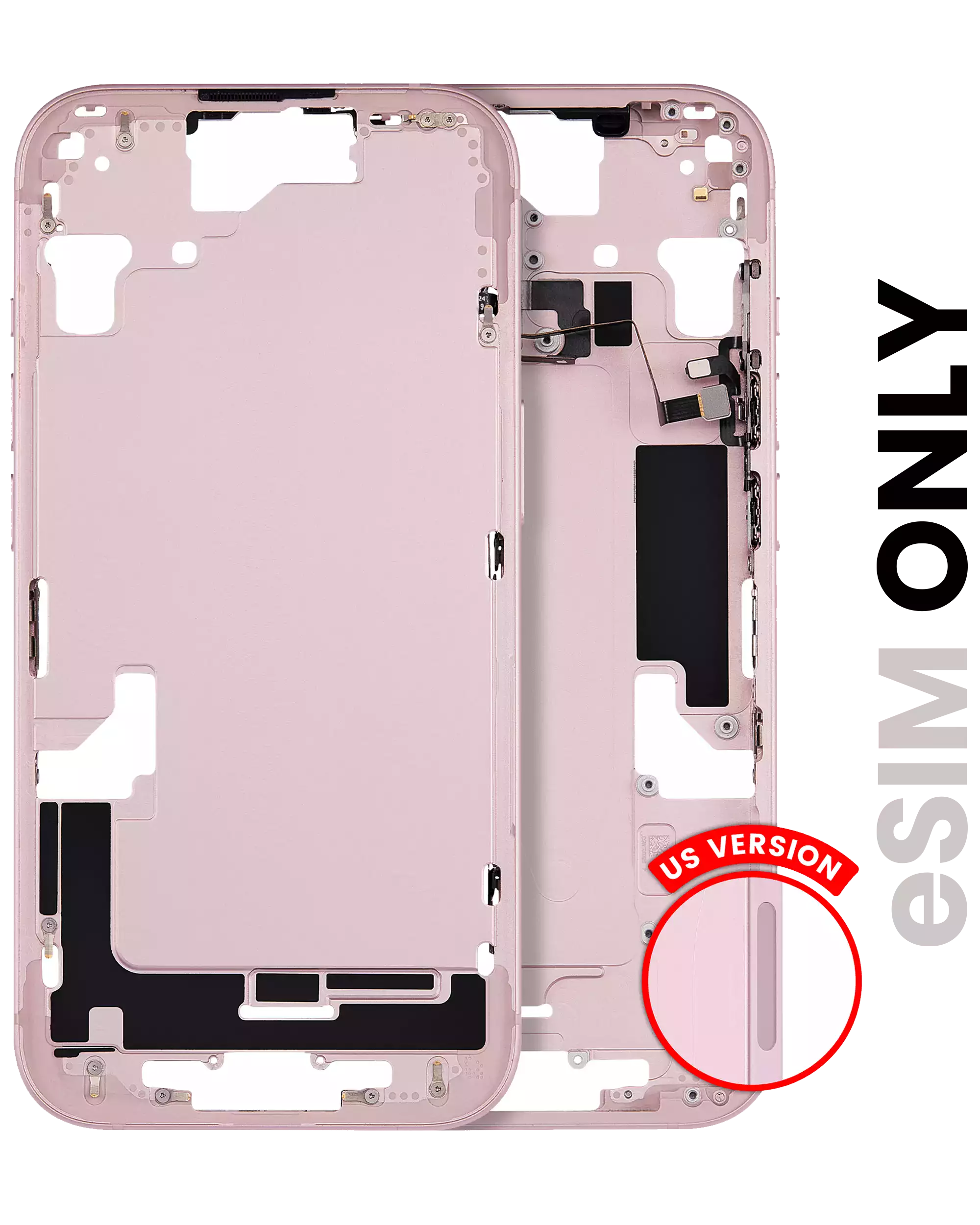 Mid-Frame Housing With Power And Volume Button Compatible For iPhone 15 (US Version) (Used OEM Pull: Grade A) (Pink)