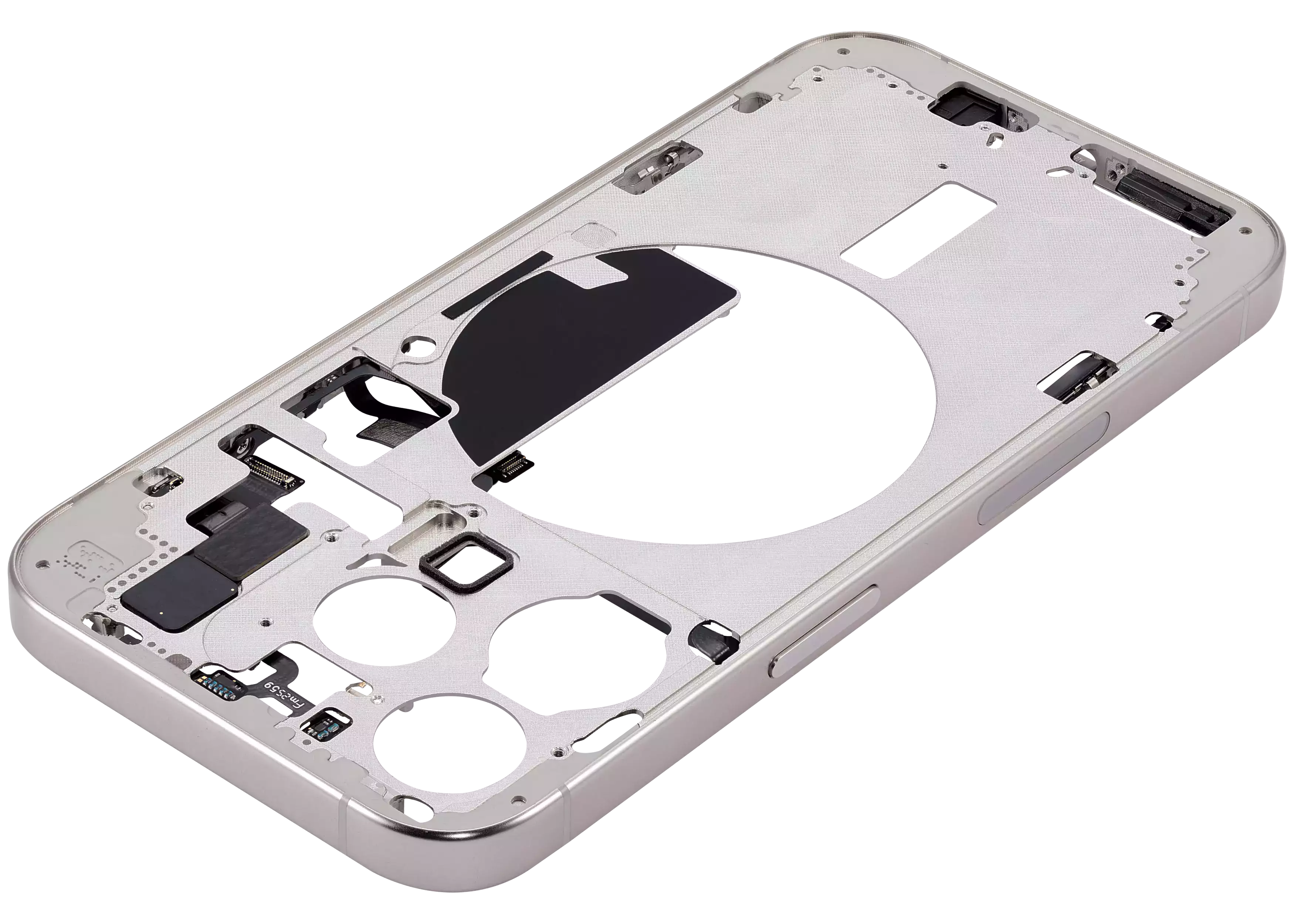 Mid-Frame Housing With Power And Volume Button Compatible For iPhone 15 Pro (US Version) (Used OEM Pull: Grade A) (White Titanium)