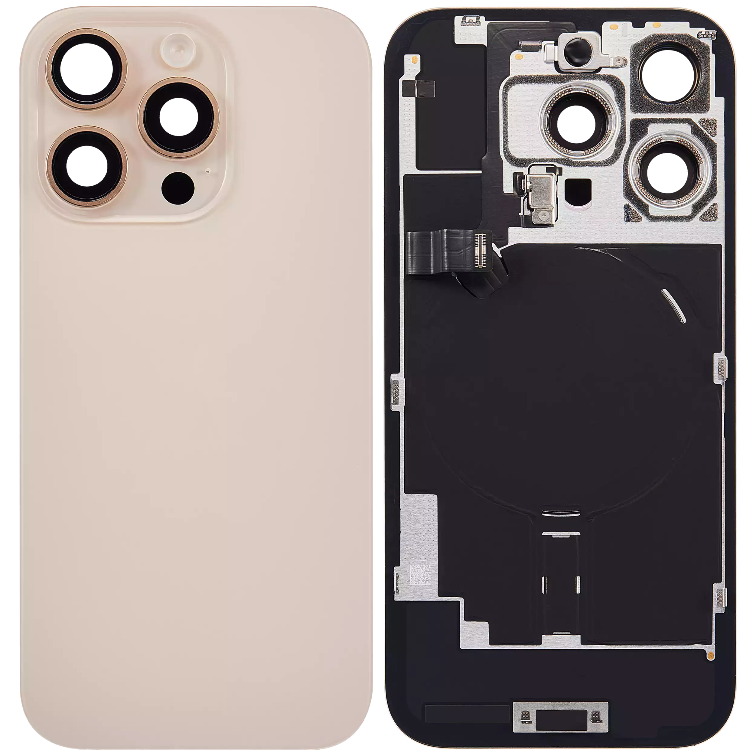 Back Glass With Steel Plate With Wireless NFC Charging MagSafe Magnet & Flashlight Flex Compatible For iPhone 16 Pro (Used OEM Pull: Grade A) (Desert Titanium)