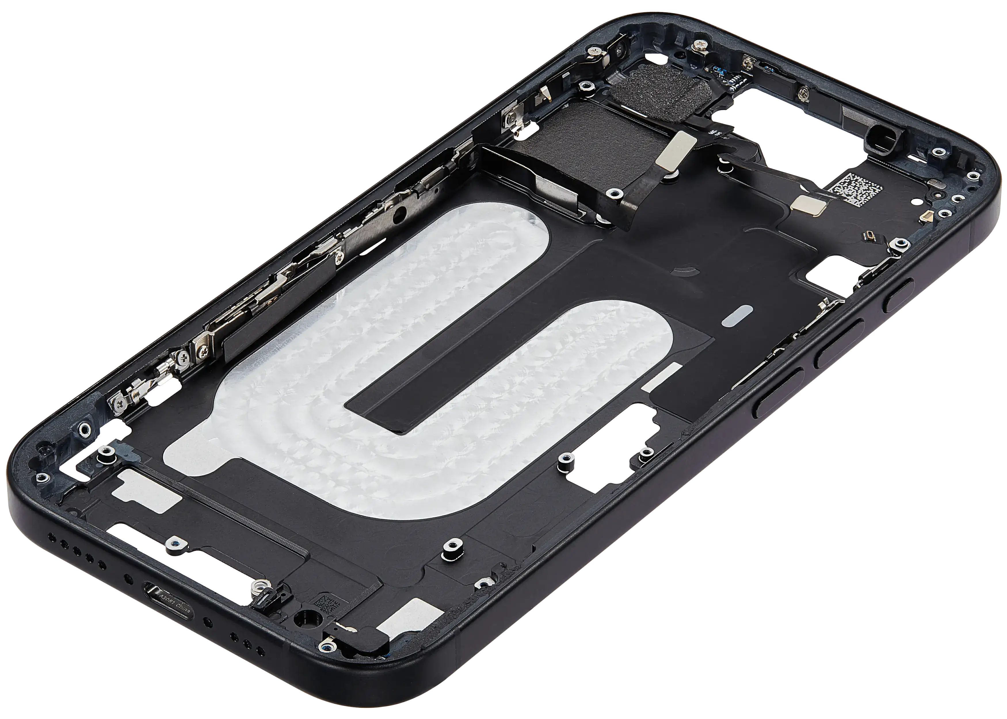 Mid-Frame Housing With Power And Volume Button Compatible For iPhone 16 (US Version) (Used OEM Pull: Grade A) (Black)