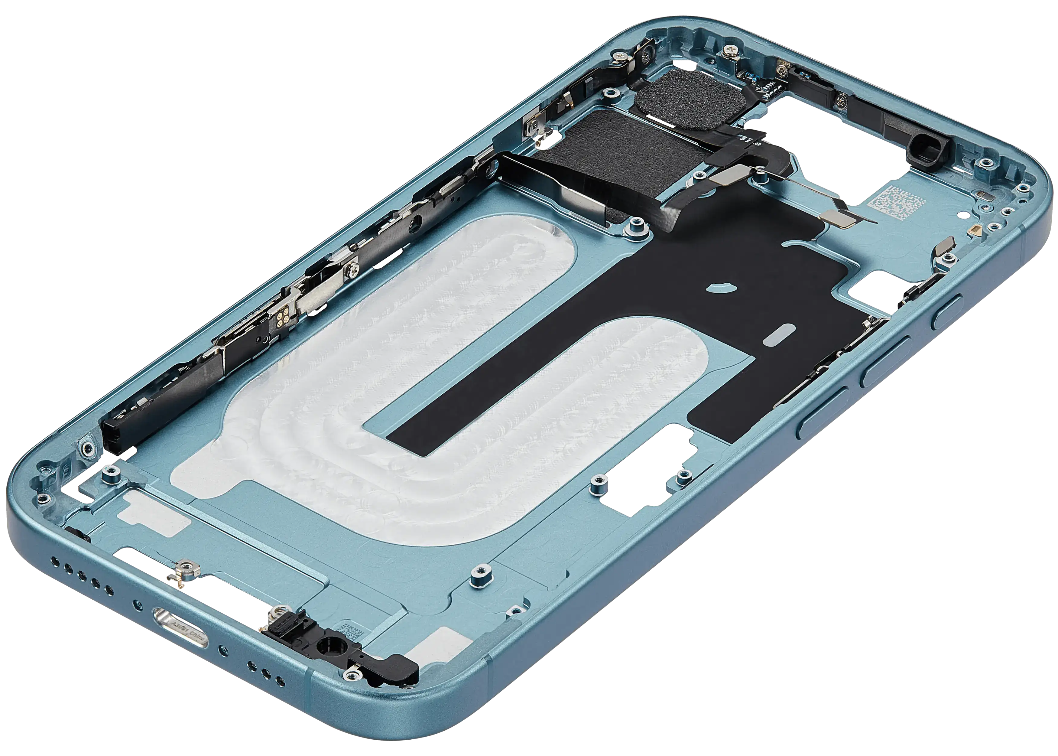 Mid-Frame Housing With Power And Volume Button Compatible For iPhone 16 (US Version) (Used OEM Pull: Grade A) (Teal)