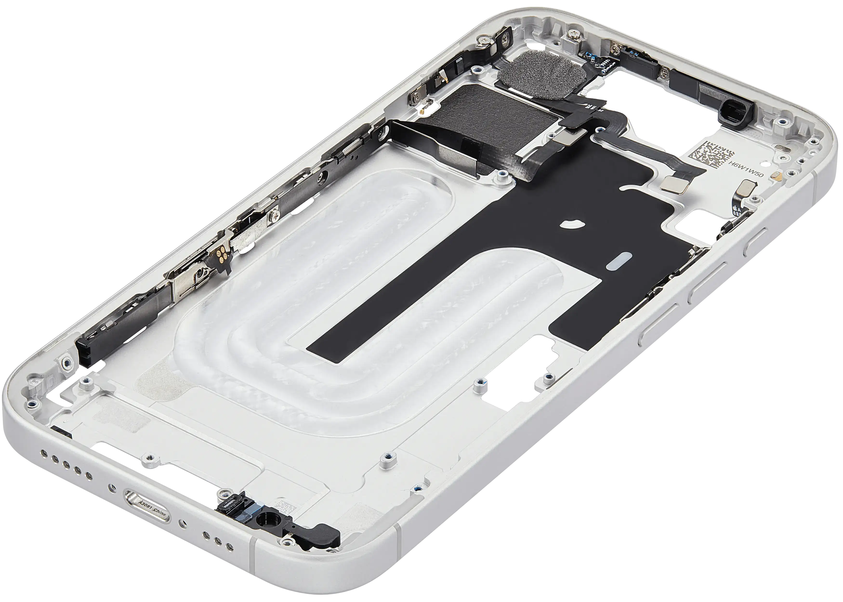 Mid-Frame Housing With Power And Volume Button Compatible For iPhone 16 (US Version) (Used OEM Pull: Grade A) (White)