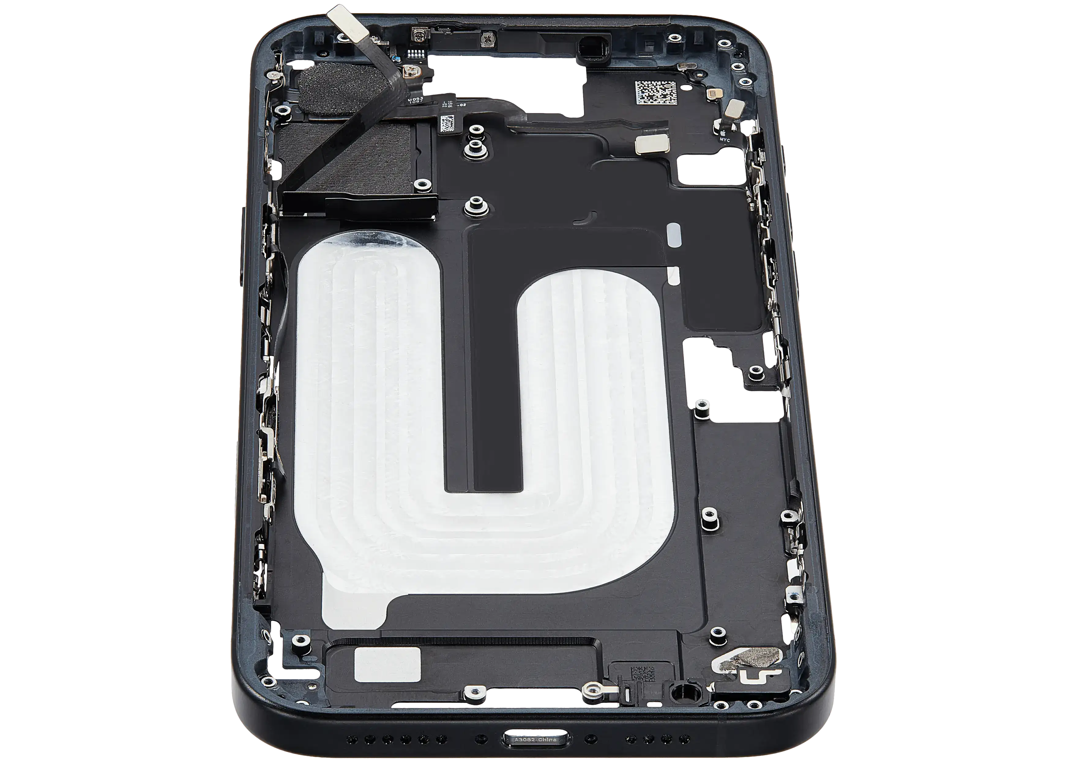 Mid-Frame Housing With Power And Volume Button Compatible For iPhone 16 Plus (US Version) (Used OEM Pull: Grade A) (Black)