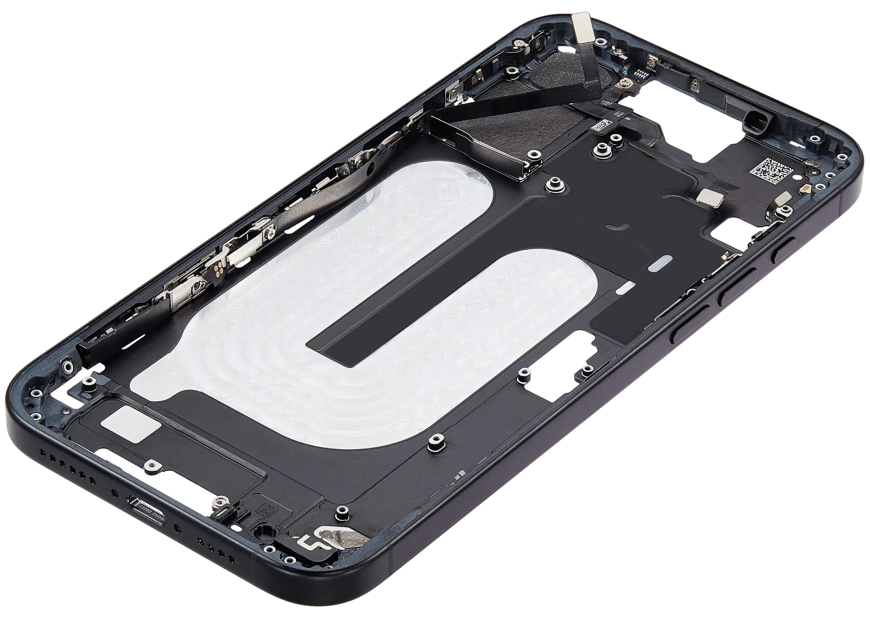 Mid-Frame Housing With Power And Volume Button Compatible For iPhone 16 Plus (US Version) (Used OEM Pull: Grade A) (Black)