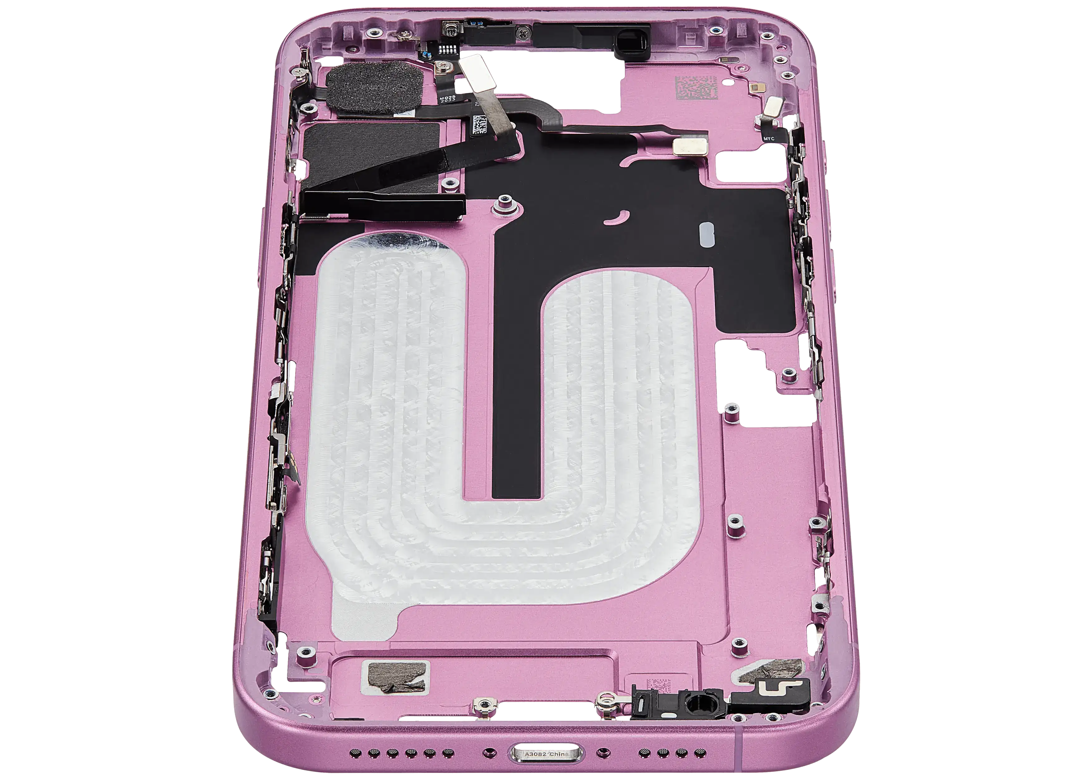 Mid-Frame Housing With Power And Volume Button Compatible For iPhone 16 Plus (US Version) (Used OEM Pull: Grade A) (Pink)