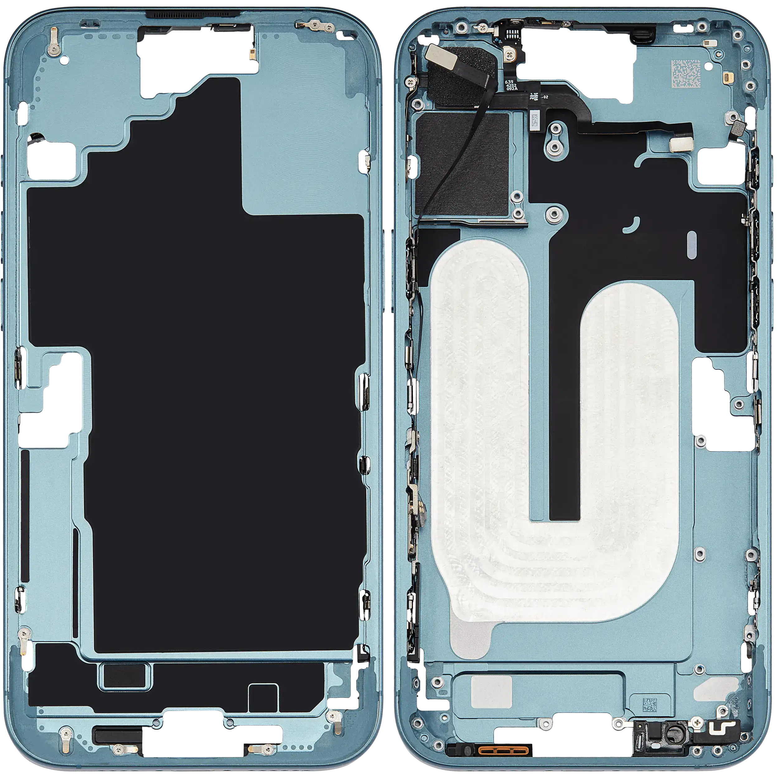 Mid-Frame Housing With Power And Volume Button Compatible For iPhone 16 Plus (US Version) (Used OEM Pull: Grade A) (Teal)