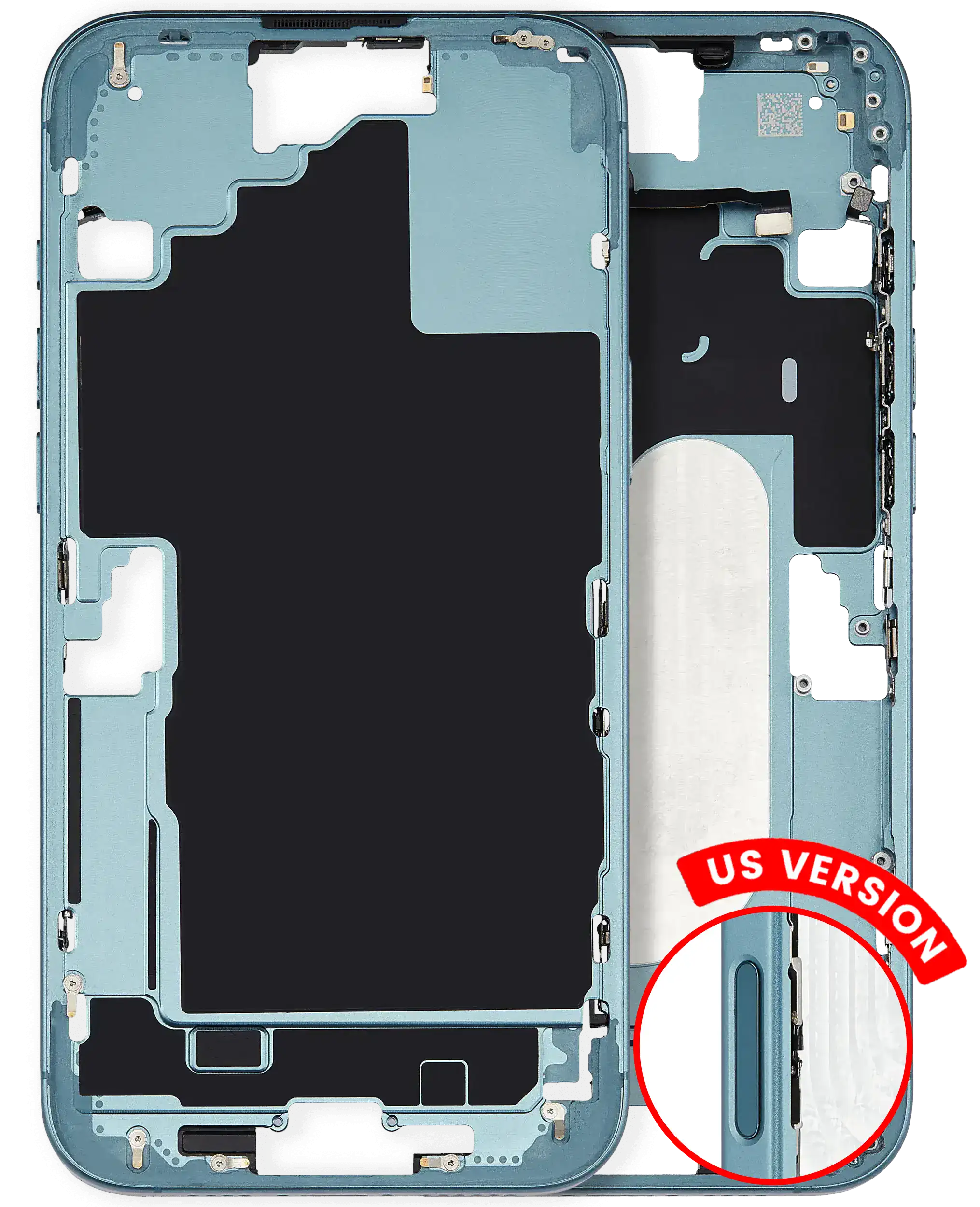 Mid-Frame Housing With Power And Volume Button Compatible For iPhone 16 Plus (US Version) (Used OEM Pull: Grade A) (Teal)