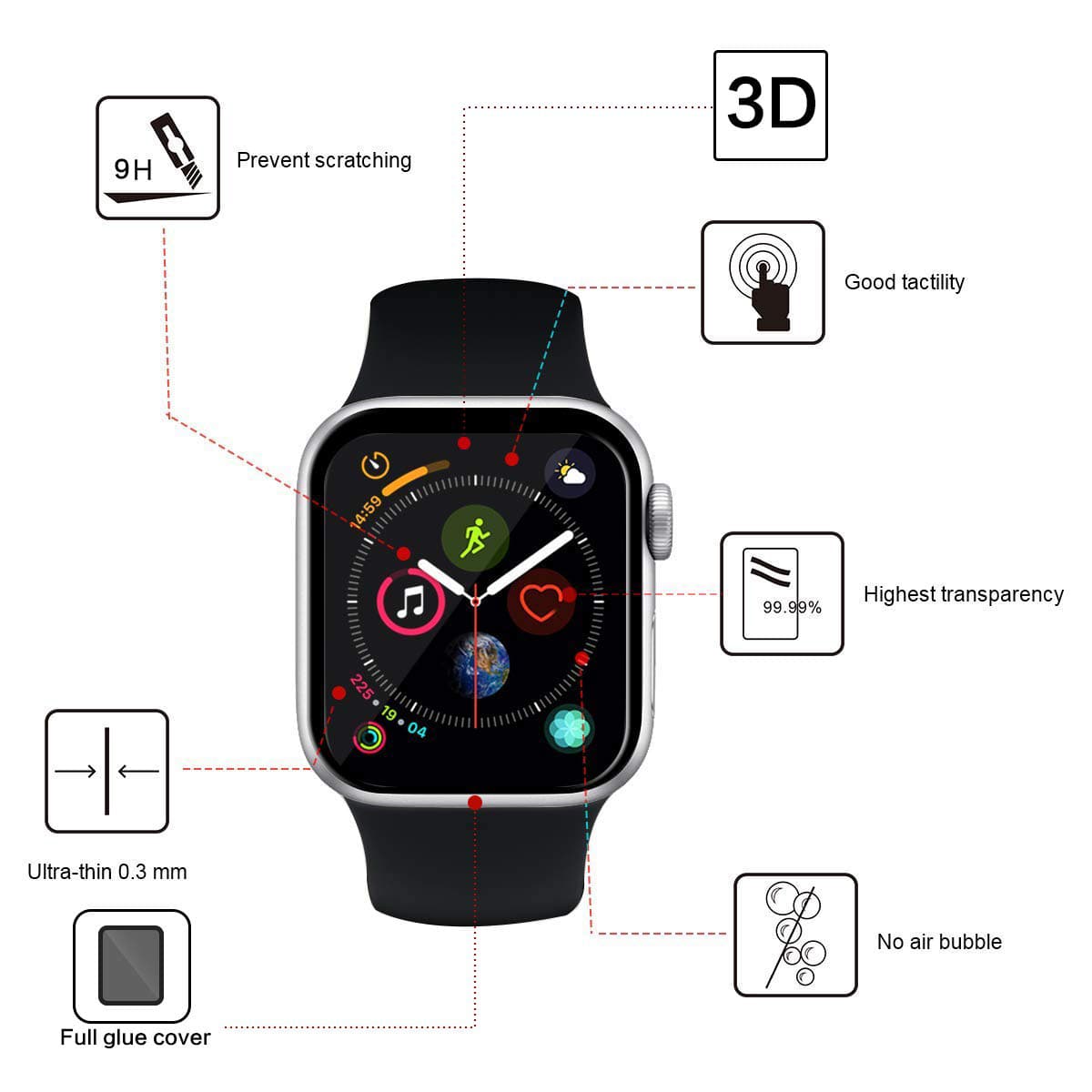 CURVED EDGES TEMPERED GLASS FILM SCREEN PROTECTOR FOR APPLE WATCH S4 44MM